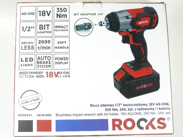 Akumulatorowy Klucz Udarowy 1/2" 350 Nm, Bezszczotkowy, 18V AQ-ONE, 3 Ah Kpl z ładowarką i 1 Baterią - obrazek 15