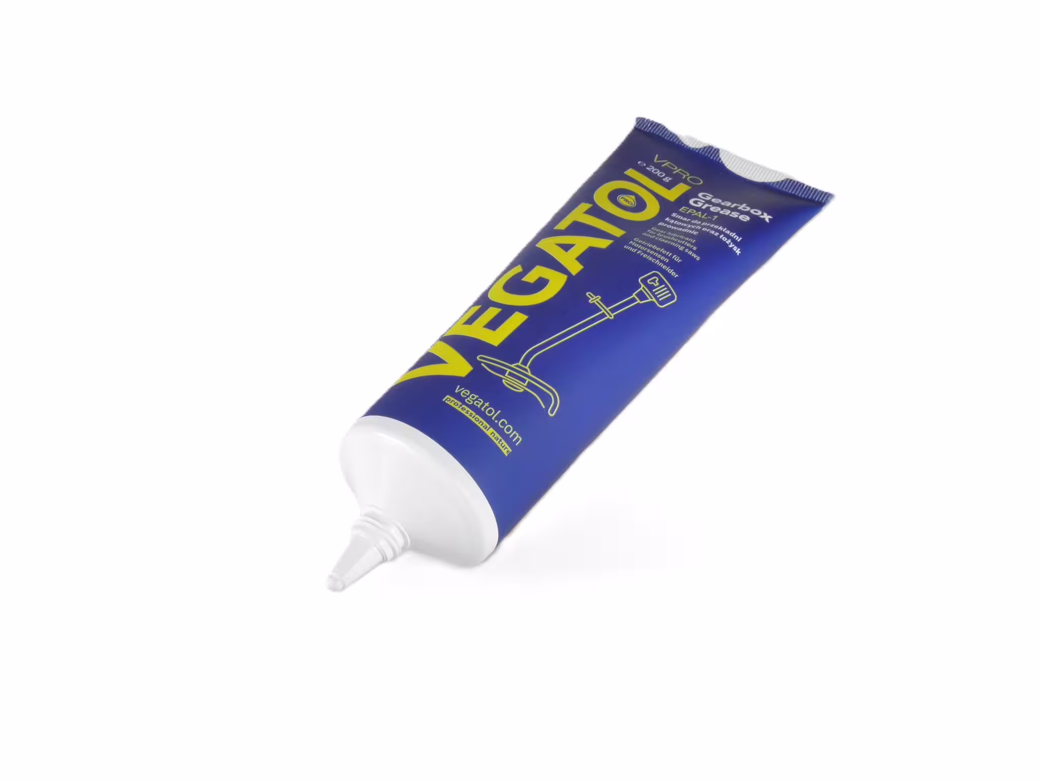 Smar do przekładni kątowych oraz łożysk prowadnic pilarek w tubce o pojemności 200 gramów na białym tle widok pod kątem firmy VEGATOL typ EPAL-1