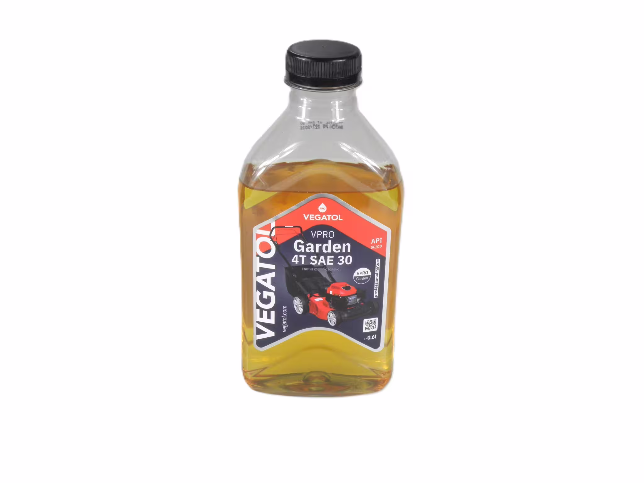 Olej do kosiarek spalinowych VEGATOL typ VPRO Garden 4T o specyfikacji SAE30 w butelce o pojemności 600ml. na białym tle. Widoczny awers opakowania z etykietą na której widoczna jest kosiarka do trawy.
