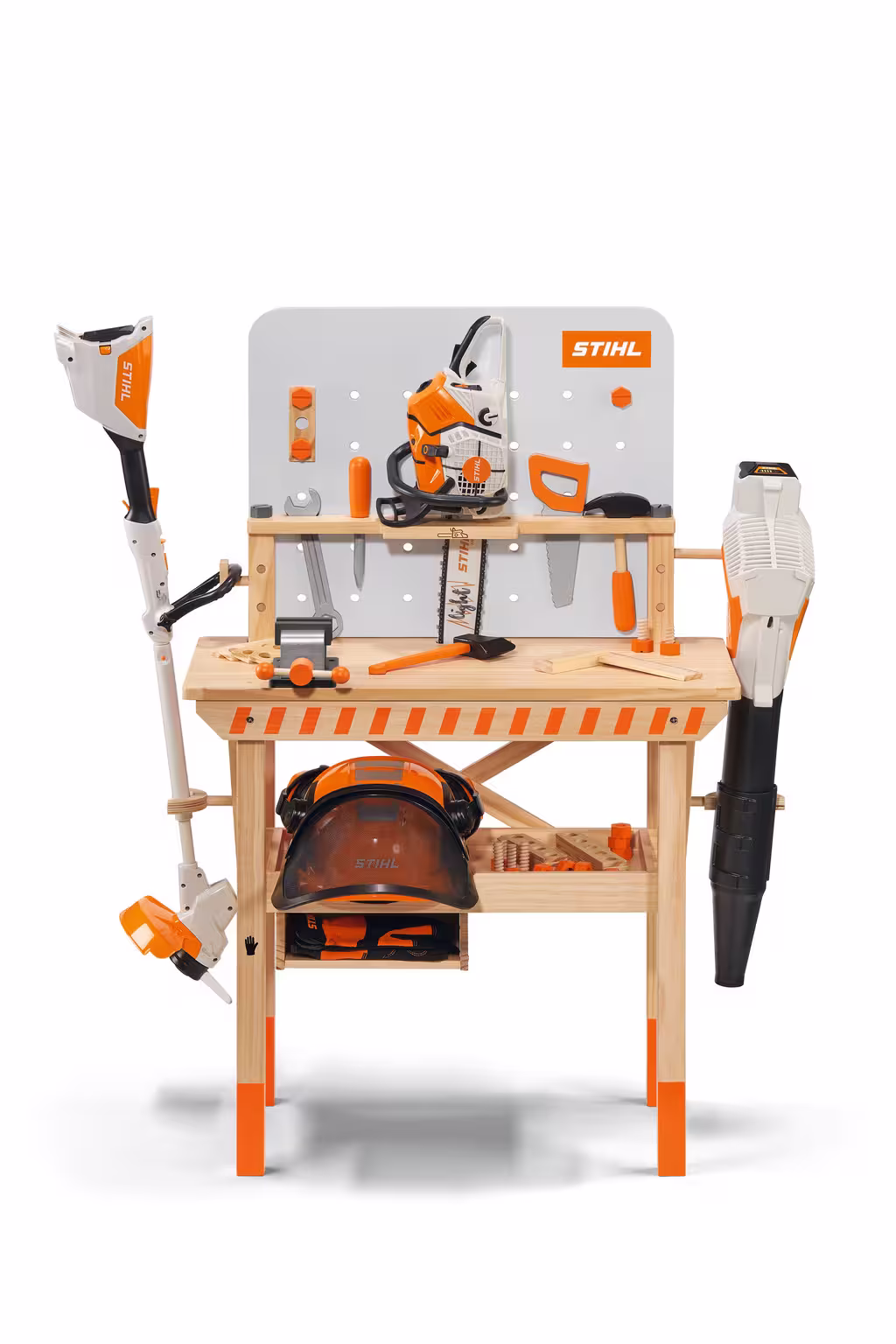 Drewniany stół warsztatowy dla dzieci STIHL (7) Drewniany stół warsztatowy dla dzieci STIHL z kompletem zabawek: pilarką, kosą, dmuchawą i hełmem.