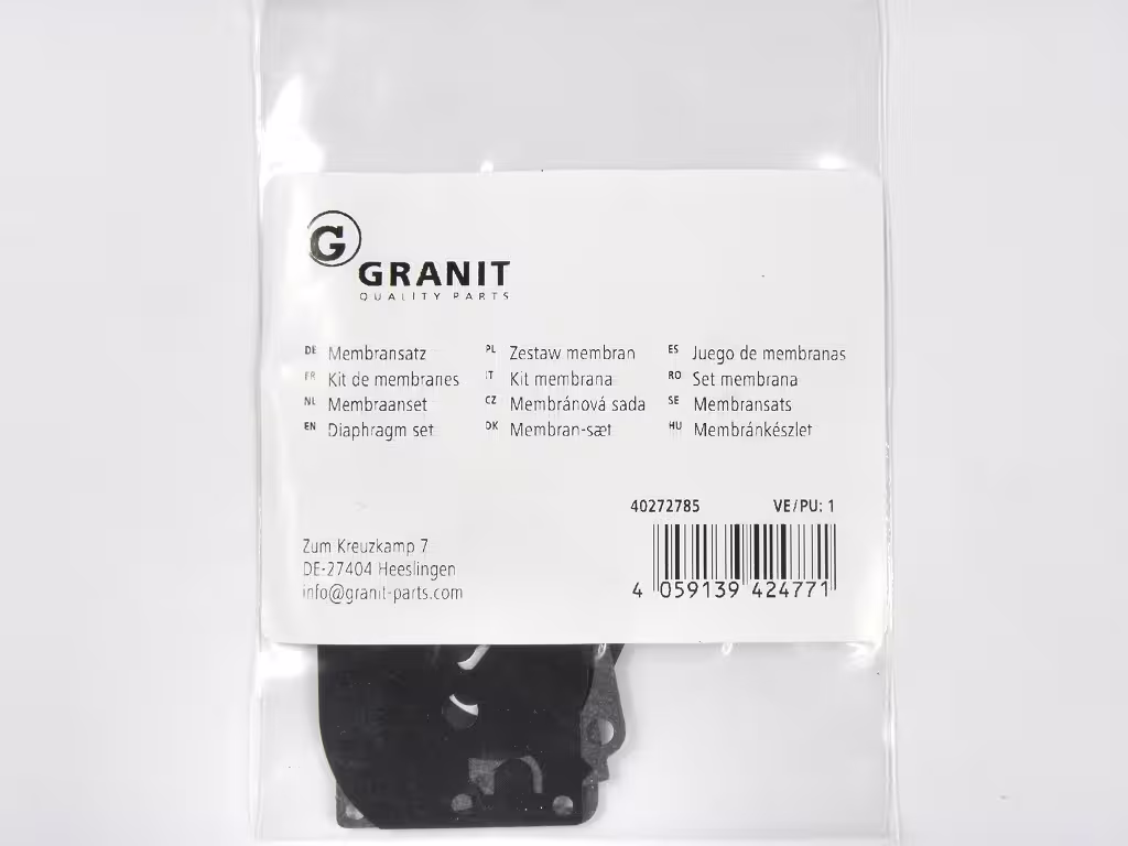 Zestaw membran do gaźnika ZAMA firmy GRANIT, numer katalogowy 40272785. W opakowaniu foliowym.