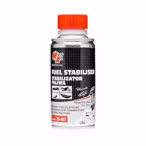 Metalowa puszka zawierająca stabilizator paliwa zapobiegający jego starzeniu firmy amtra MA PROSESSIONAL 20-A87- 150ml na białym tle.